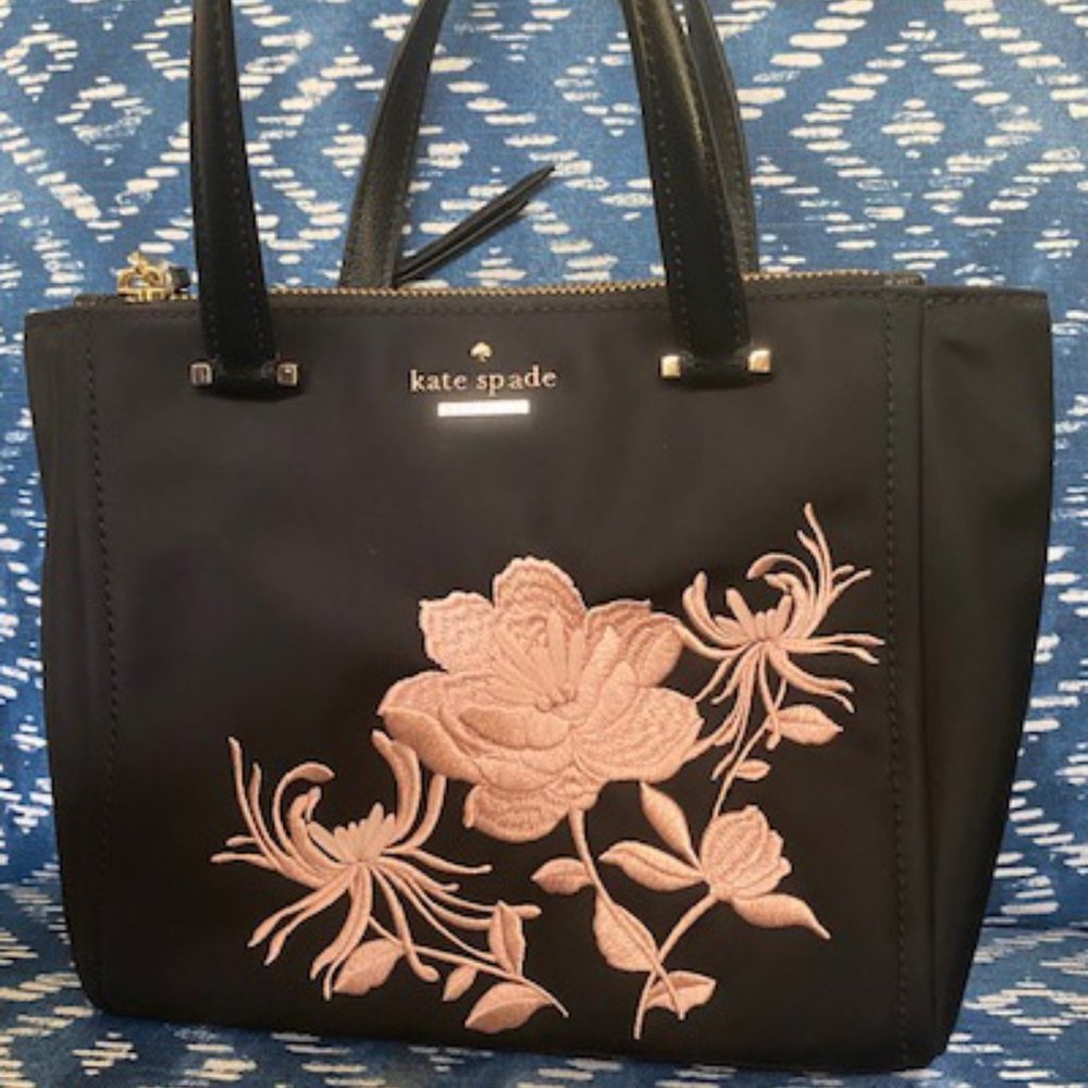 Kate Spade black purse with pink embroidered flowers